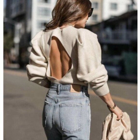 Free People Cream Open Back Puff Sleeve Ribbed Sweater - Picture 2 of 9